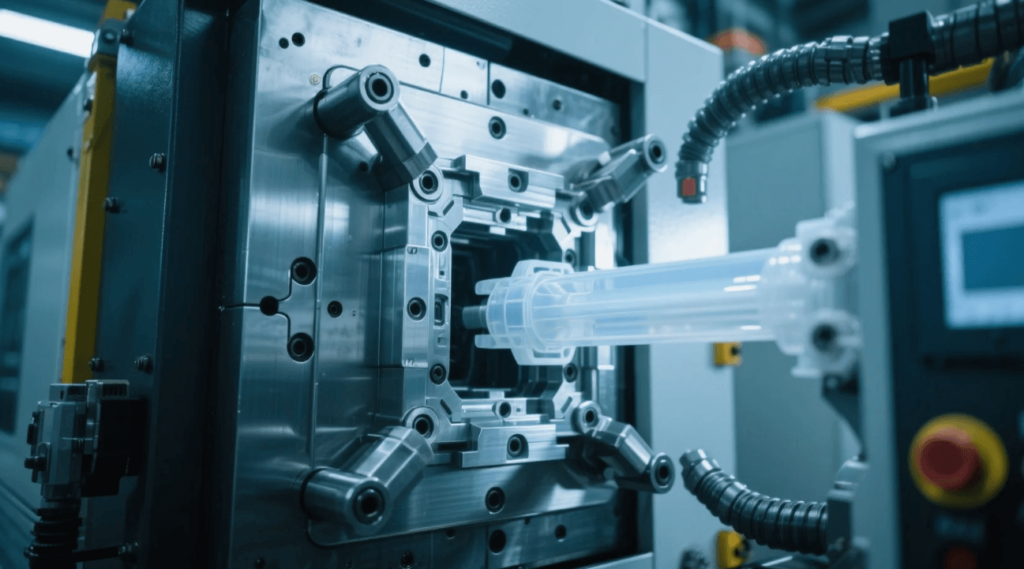 Injection molding machine with heated barrel and clamping unit