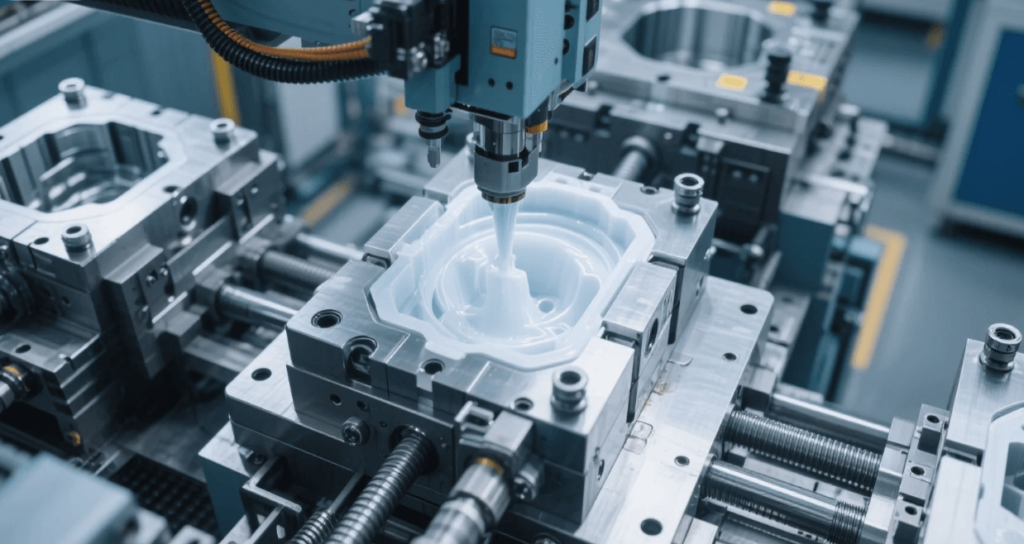 High‑precision plastics injection molding process producing intricate industrial model components High‑precision plastics injection molding process producing intricate industrial model components
